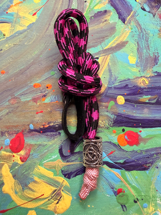 Pink & Black Paracord EDC - Frameless Slingshot w/ Nordic Charm - Black Leather