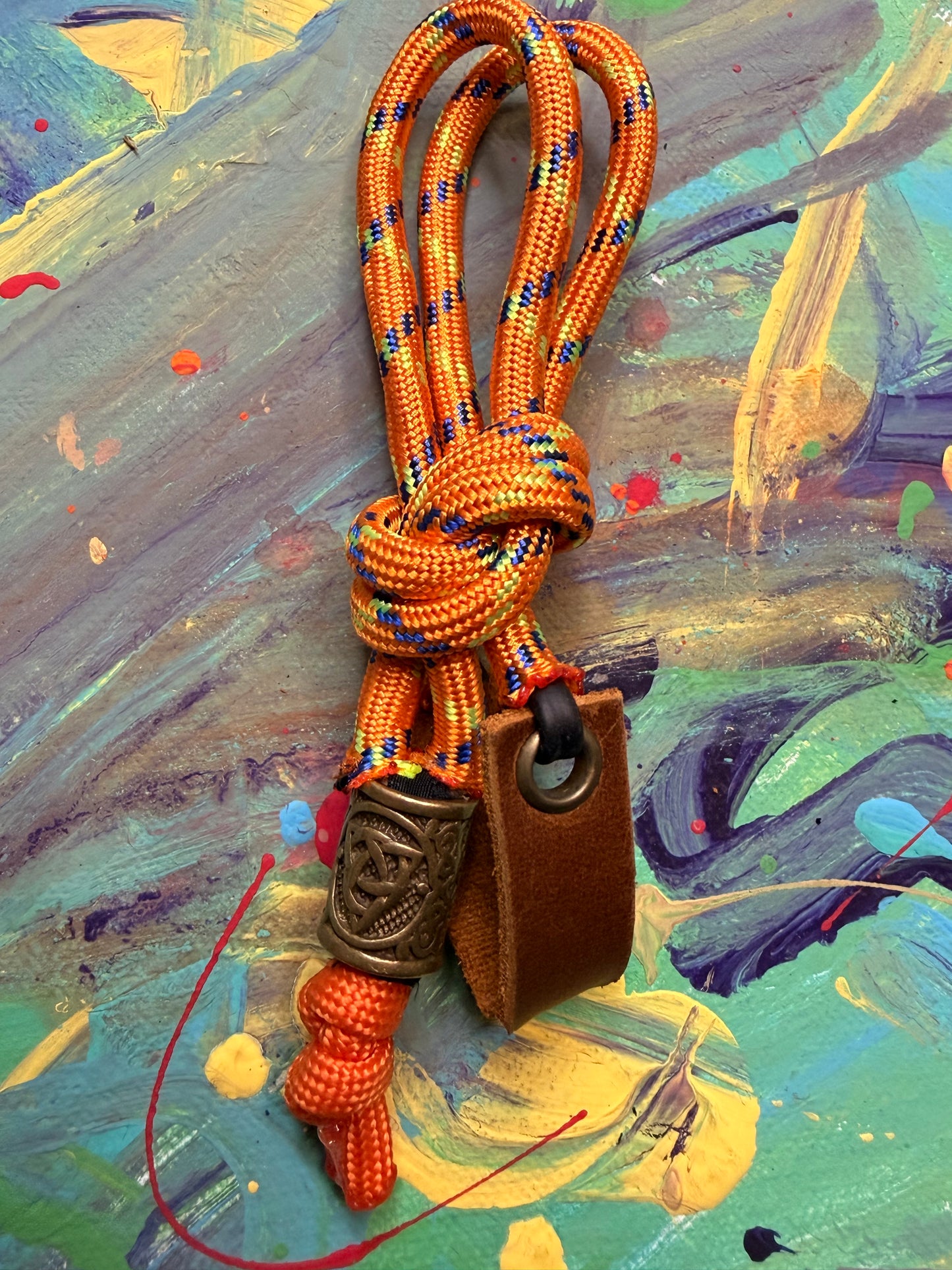 Neon Orange Paracord EDC - Frameless Slingshot Nordic Charm - Genuine Leather
