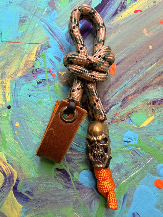 Tan & Green Paracord EDC - Frameless Slingshot w/ Skull Charm - Genuine Leather