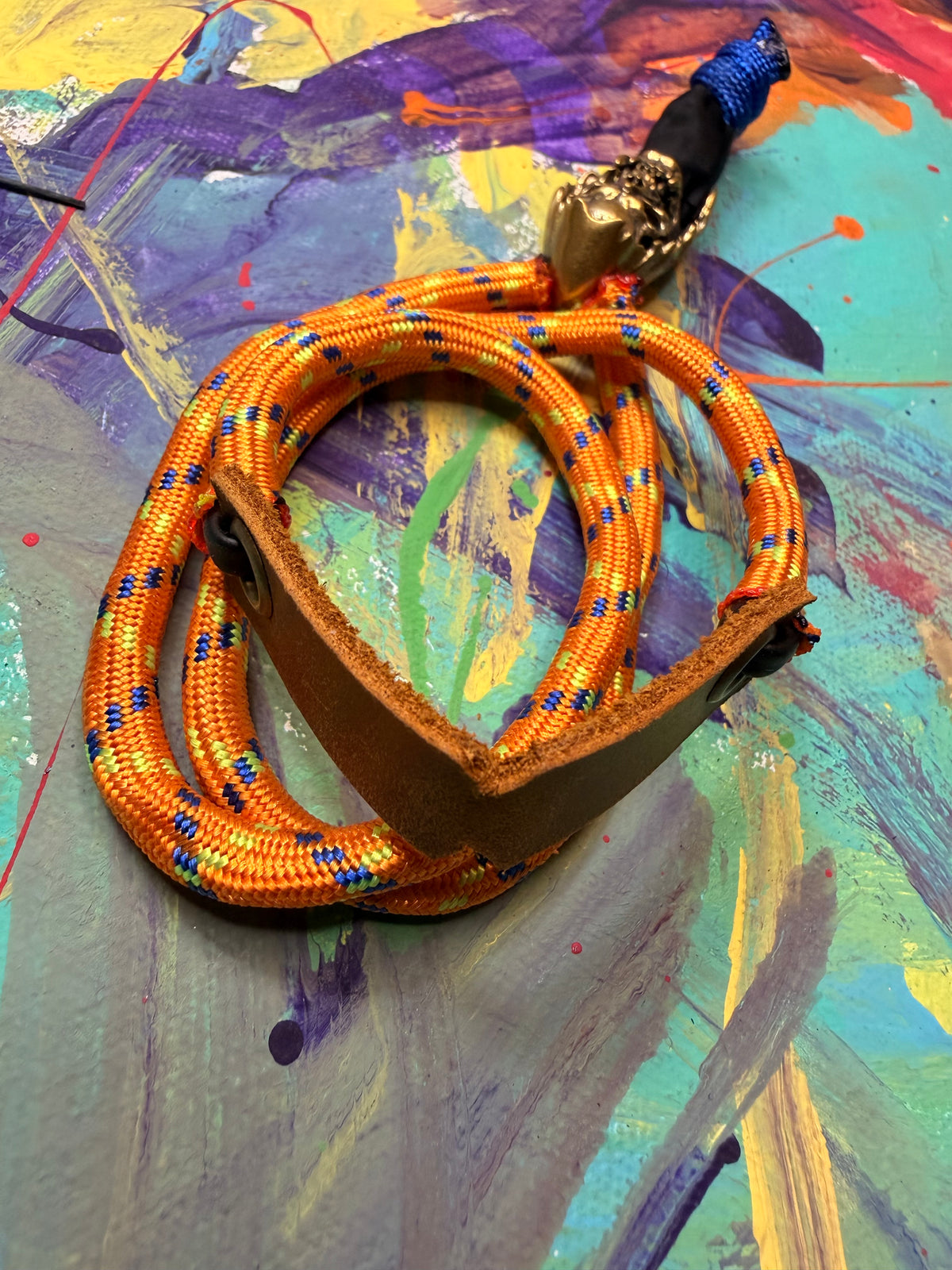 Neon Orange Paracord EDC - Frameless Slingshot Skull Charm - Genuine Leather