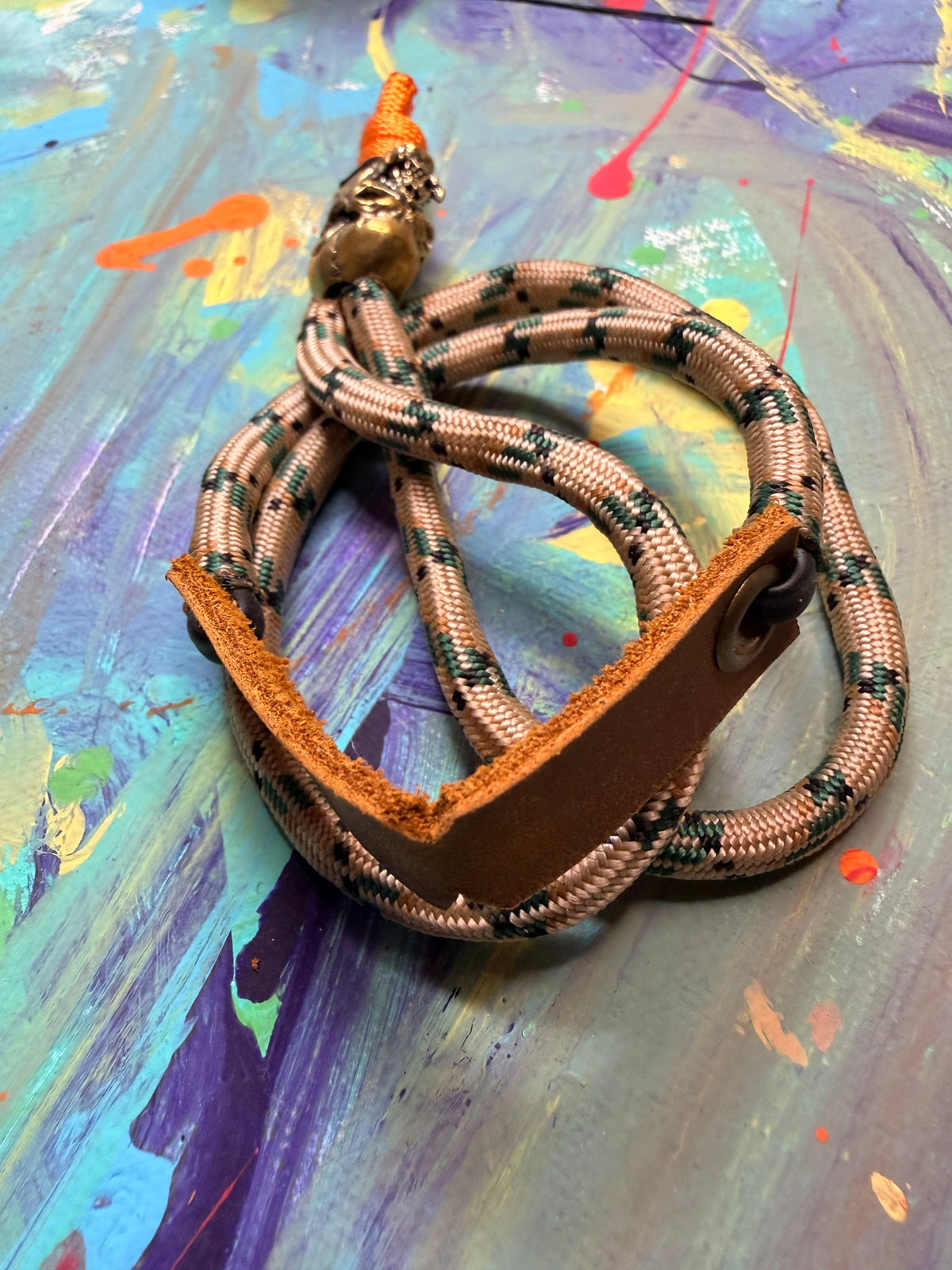 Tan & Green Paracord EDC - Frameless Slingshot w/ Skull Charm - Genuine Leather