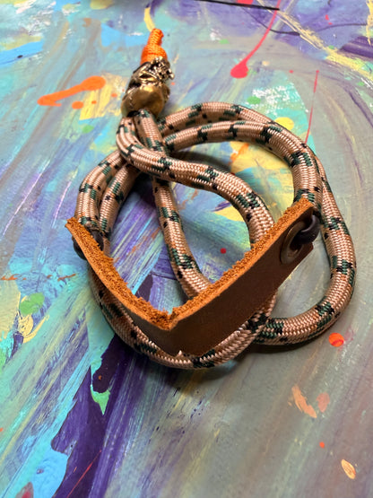 Tan & Green Paracord EDC - Frameless Slingshot w/ Skull Charm - Genuine Leather