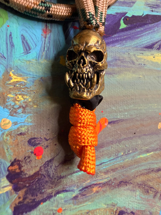 Tan & Green Paracord EDC - Frameless Slingshot w/ Skull Charm - Genuine Leather