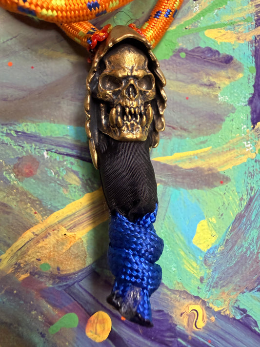 Neon Orange Paracord EDC - Frameless Slingshot Skull Charm - Genuine Leather