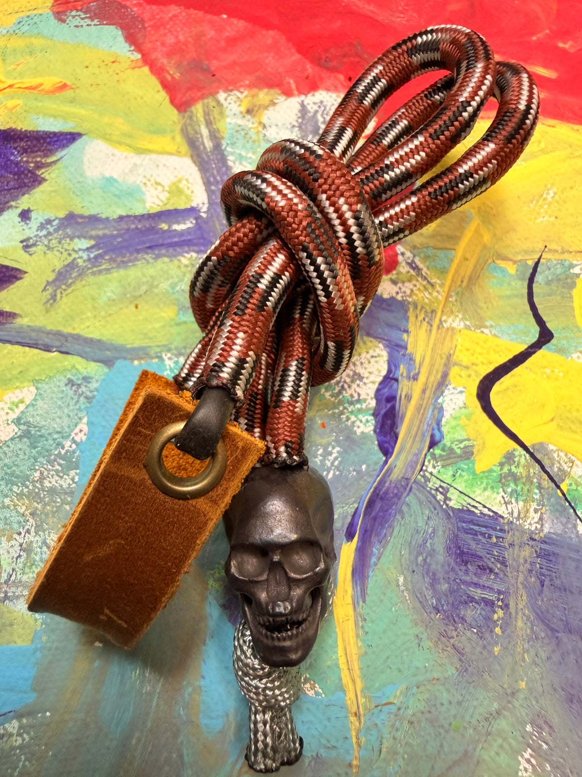 Brown & White Paracord EDC - Frameless Slingshot w/ Skull Charm - Genuine Leather