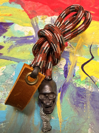 Brown & White Paracord EDC - Frameless Slingshot w/ Skull Charm - Genuine Leather