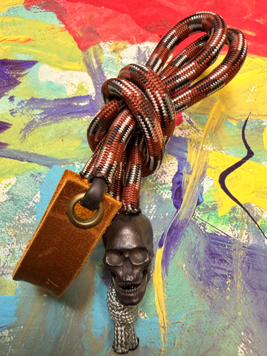 Brown & White Paracord EDC - Frameless Slingshot w/ Skull Charm - Genuine Leather
