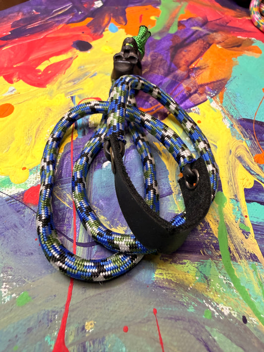 Blue Multicolor Paracord EDC - Frameless Slingshot w/ Bronze Skull Charm- Black Leather
