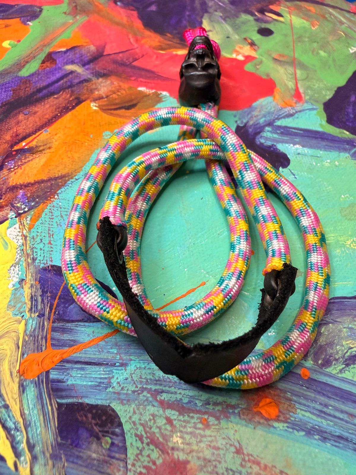 Pink/Yellow/Green Paracord EDC - Frameless Slingshot w/ Skull Charm - Black Leather