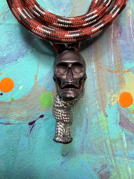Brown & White Paracord EDC - Frameless Slingshot w/ Skull Charm - Genuine Leather