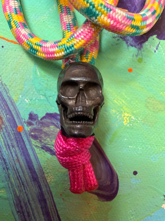 Pink/Yellow/Green Paracord EDC - Frameless Slingshot w/ Skull Charm - Black Leather