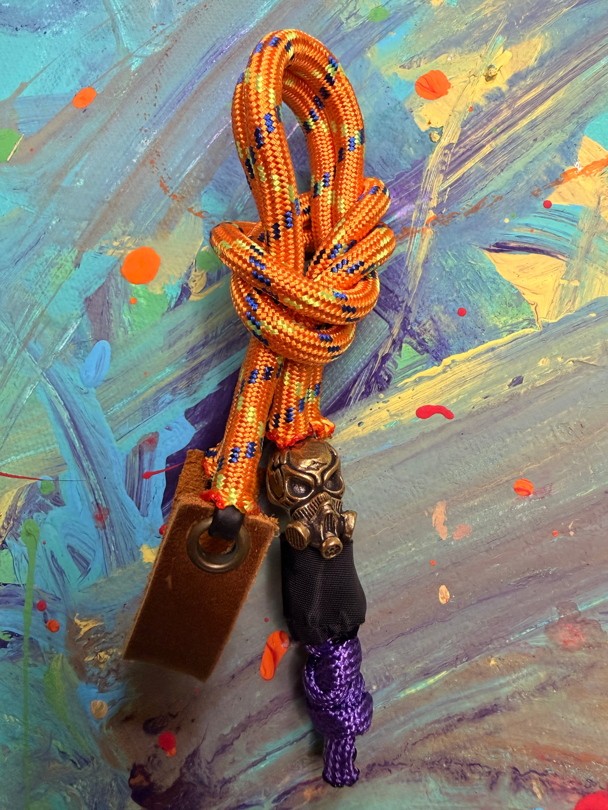 Neon Orange Paracord EDC - Frameless Slingshot Skull w/ Gas Mask - Genuine Leather