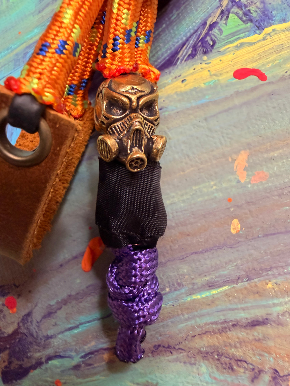 Neon Orange Paracord EDC - Frameless Slingshot Skull w/ Gas Mask - Genuine Leather
