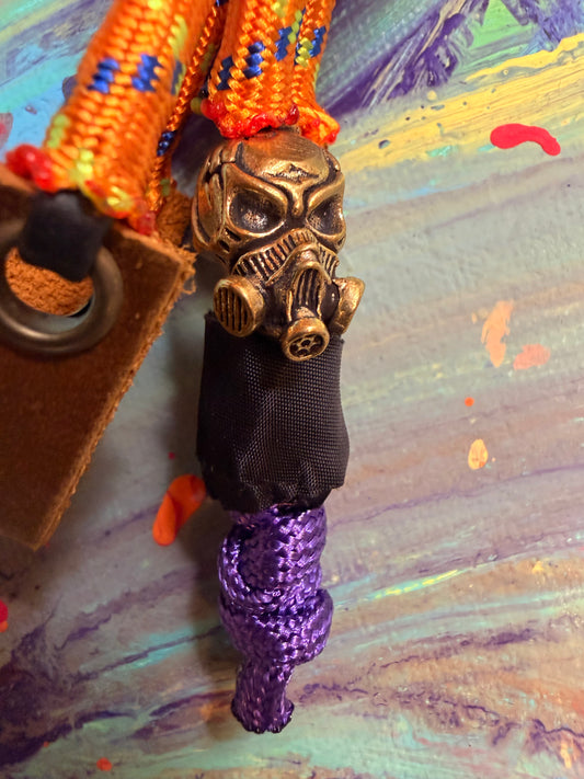 Neon Orange Paracord EDC - Frameless Slingshot Skull w/ Gas Mask - Genuine Leather