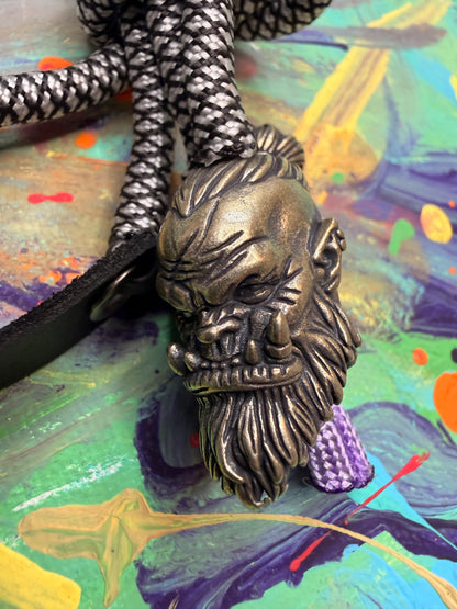 Black & Gray Paracord EDC - Frameless Slingshot w/ Large Warriors Head - Black Leather