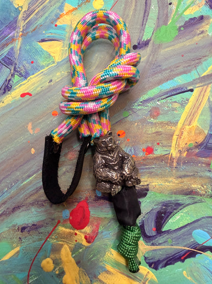 Pink/Yellow/Green Paracord EDC - Frameless Slingshot w/ Bear Charm - Black Leather