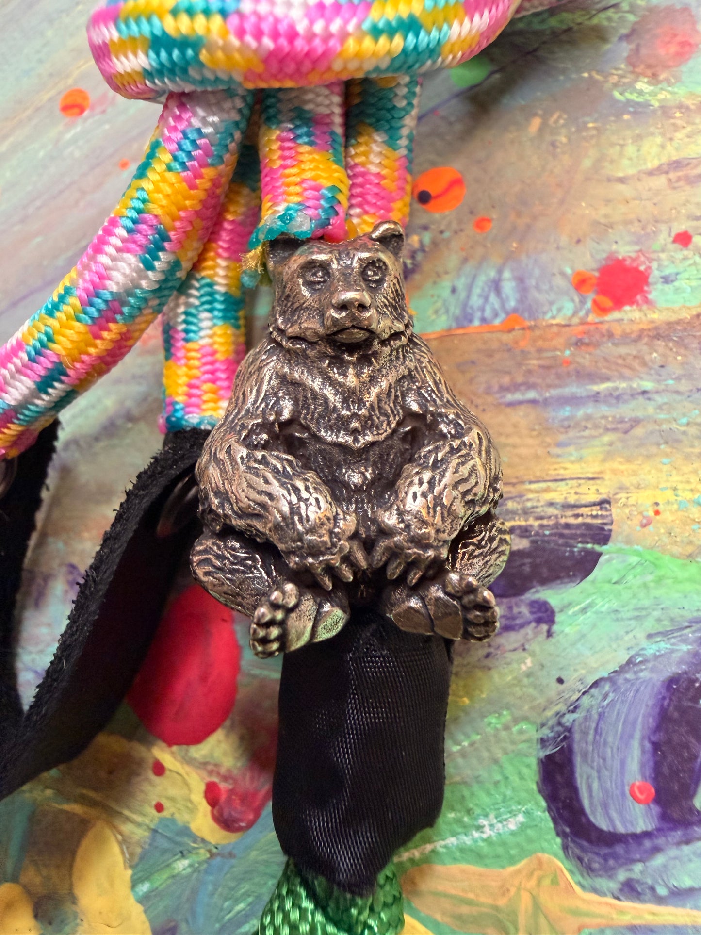 Pink/Yellow/Green Paracord EDC - Frameless Slingshot w/ Bear Charm - Black Leather