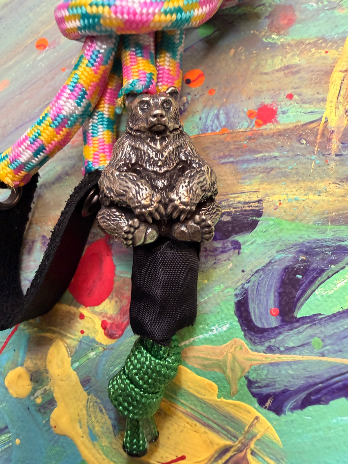 Pink/Yellow/Green Paracord EDC - Frameless Slingshot w/ Bear Charm - Black Leather
