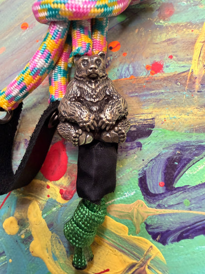 Pink/Yellow/Green Paracord EDC - Frameless Slingshot w/ Bear Charm - Black Leather