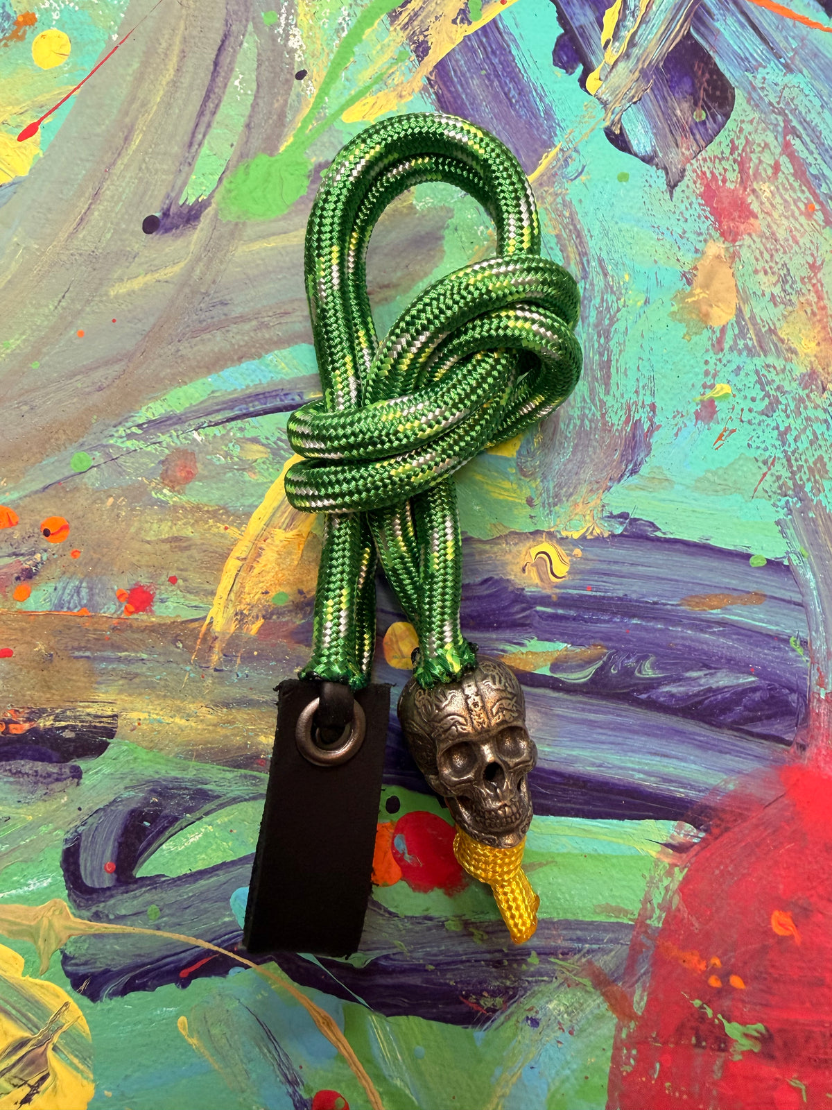 Neon Green & Yellow Paracord EDC - Frameless Slingshot W/ Skull Charm - Genuine Leather