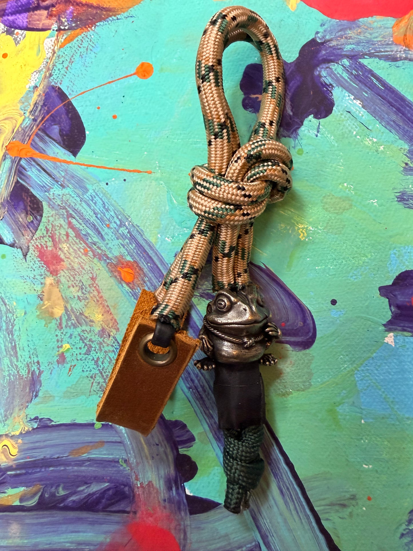 Tan & Green Paracord EDC - Frameless Slingshot w/ Frog Charm - Genuine Leather