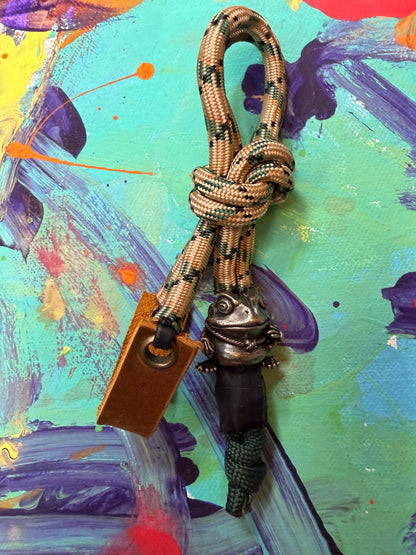 Tan & Green Paracord EDC - Frameless Slingshot w/ Frog Charm - Genuine Leather