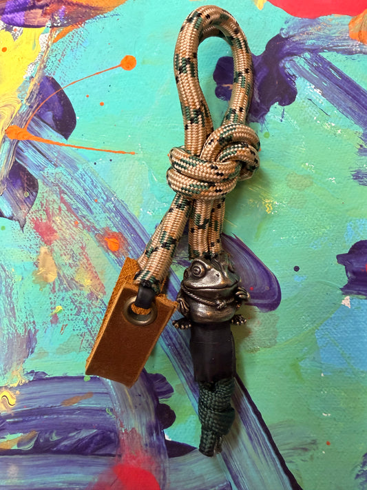Tan & Green Paracord EDC - Frameless Slingshot w/ Frog Charm - Genuine Leather