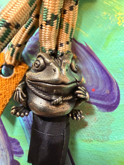 Tan & Green Paracord EDC - Frameless Slingshot w/ Frog Charm - Genuine Leather