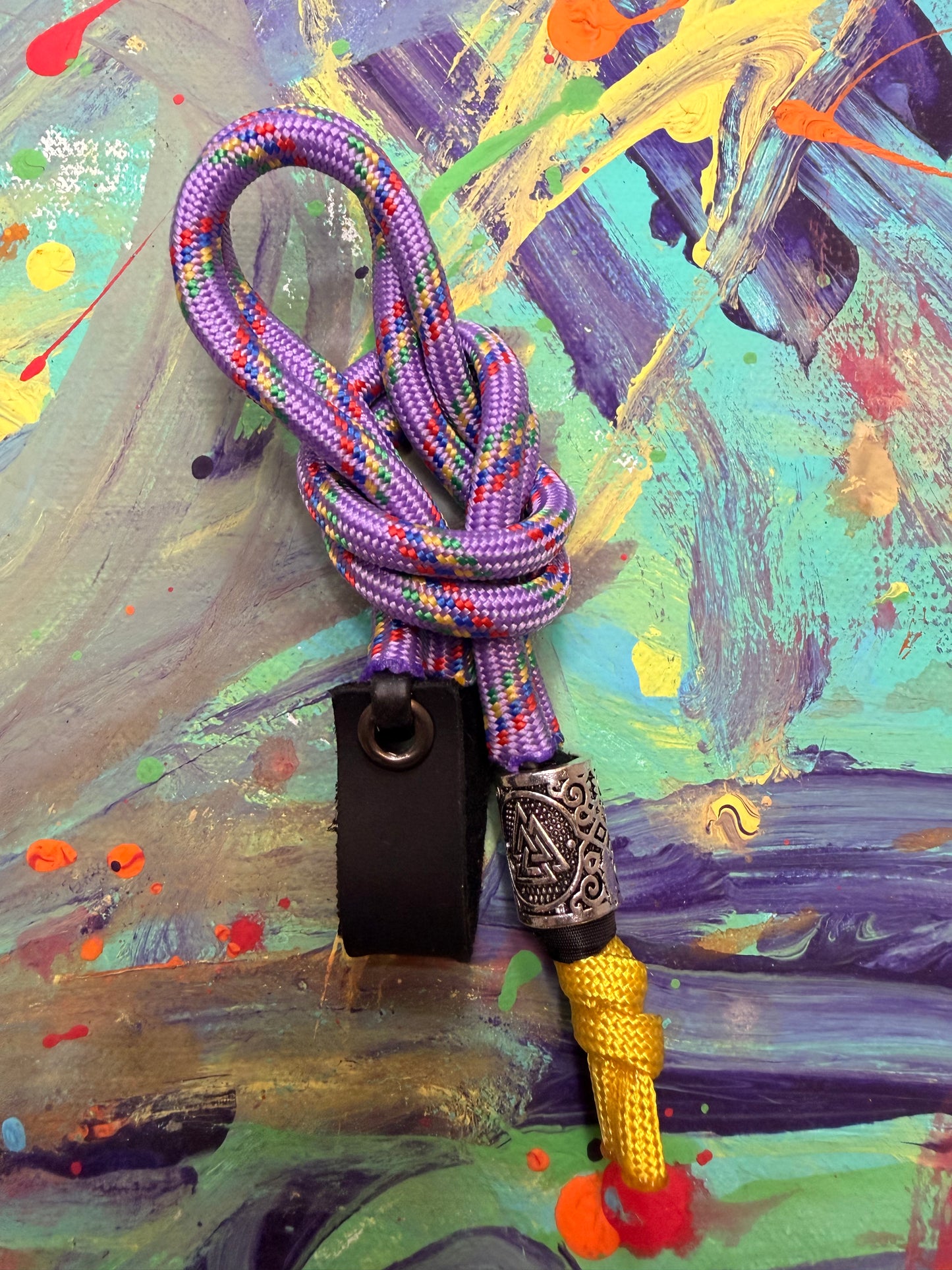 Purple & Yellow Paracord EDC - Frameless Slingshot w/ Nordic Charm - Black Leather