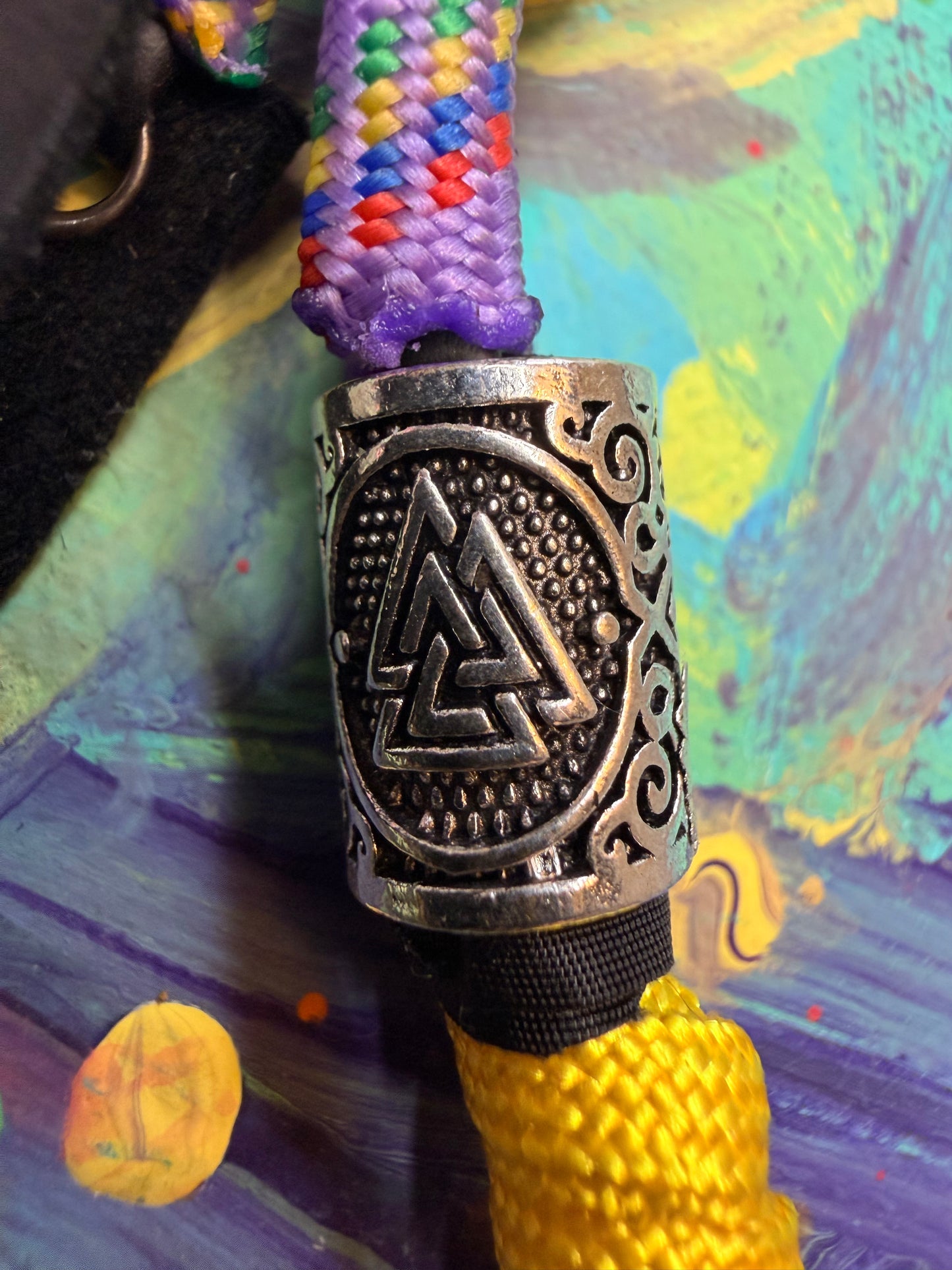 Purple & Yellow Paracord EDC - Frameless Slingshot w/ Nordic Charm - Black Leather