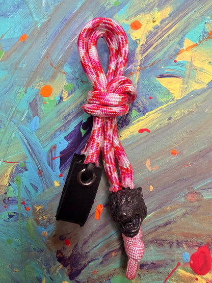 Candy Cane Pink Paracord EDC - Frameless Slingshot w/ Jaguar Charm - Black Leather