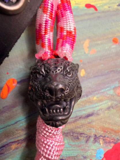 Candy Cane Pink Paracord EDC - Frameless Slingshot w/ Jaguar Charm - Black Leather
