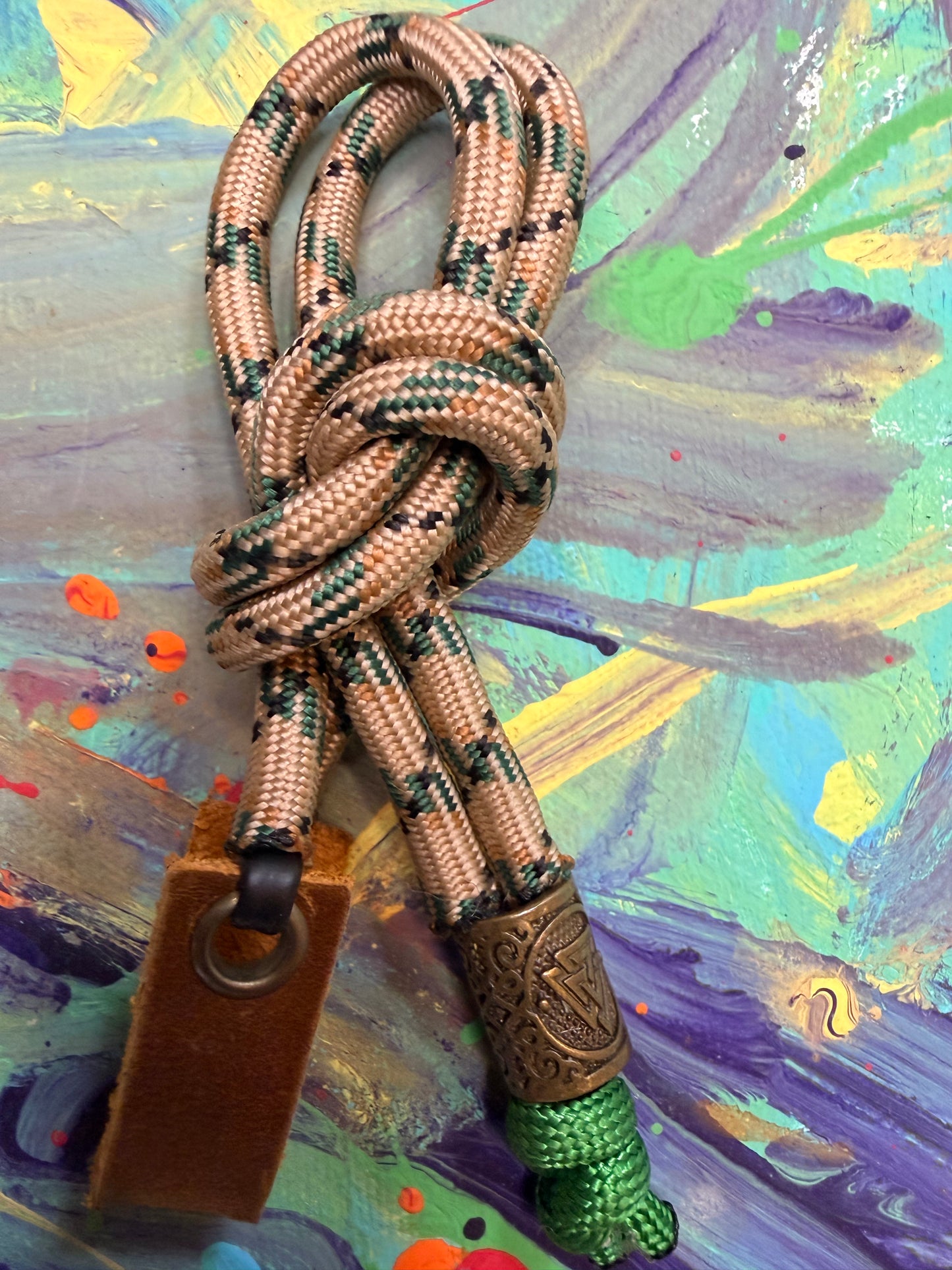Tan & Green Paracord EDC - Frameless Slingshot w/ Nordic Charm - Genuine Leather