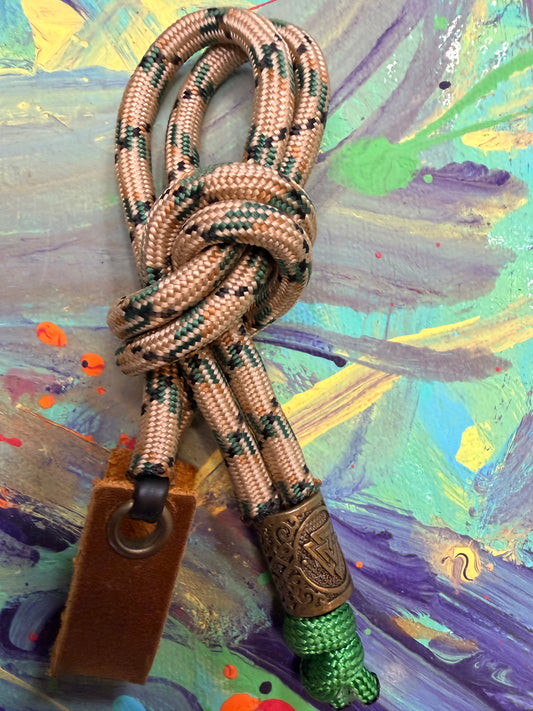 Tan & Green Paracord EDC - Frameless Slingshot w/ Nordic Charm - Genuine Leather