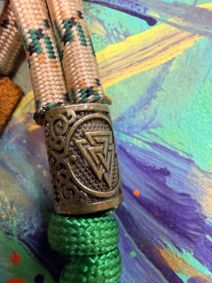 Tan & Green Paracord EDC - Frameless Slingshot w/ Nordic Charm - Genuine Leather