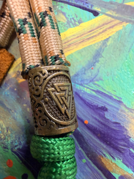 Tan & Green Paracord EDC - Frameless Slingshot w/ Nordic Charm - Genuine Leather