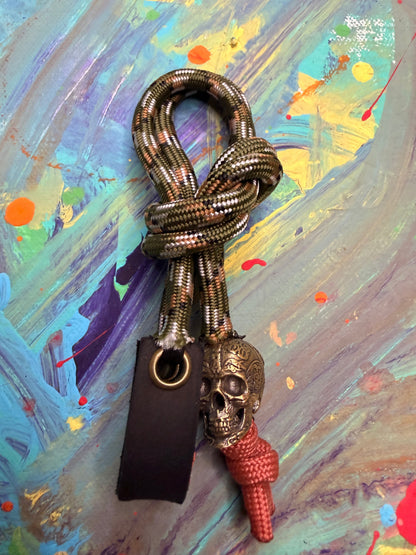 Forest Green Camo Paracord EDC - Frameless Slingshot w/ Skull Charm - Black Leather
