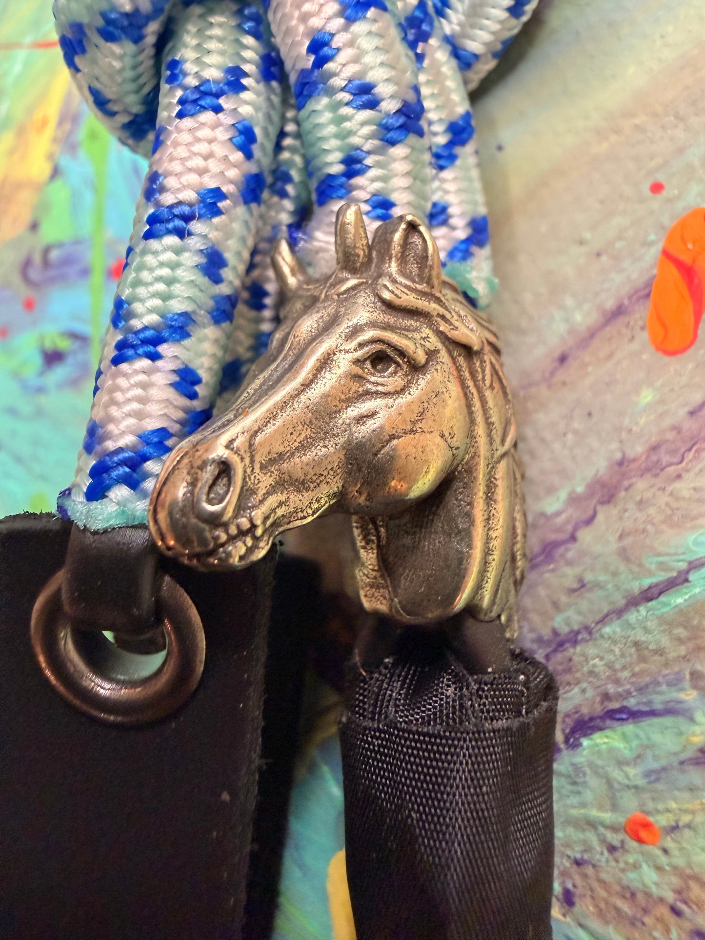 Blue & White Paracord EDC - Frameless Slingshot w/ Horse Charm - Black Leather
