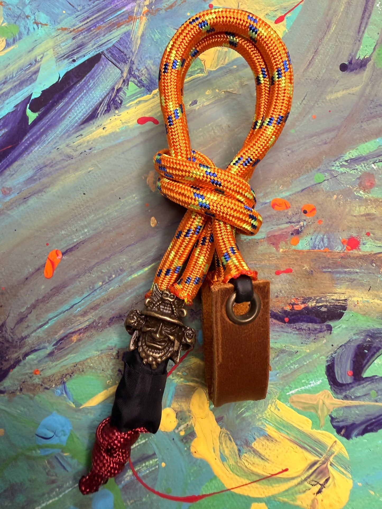 Neon Orange Paracord EDC - Frameless Slingshot Warrior Charm - Genuine Leather