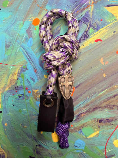 Purple & White Paracord EDC - Frameless Slingshot w/ Cross Charm - Black Leather